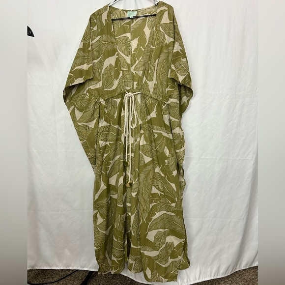 True Destinations Palm Print Belted Kaftan Swimsuit Dress Coverup - Picture 3 of 5
